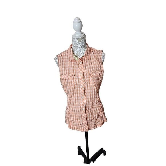 Eddie Bauer Sleeveless Top Quick Dry Orange Plaid Zip Pocket womens Medium - Picture 1 of 7